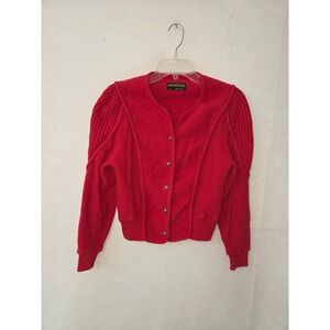 Geiger Boiled Wool Cardigan Women 40 Red Vintage Puff Shoulder Austria READ